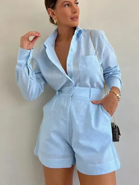 Long Sleeve Button Shirt and Tailored Shorts Set