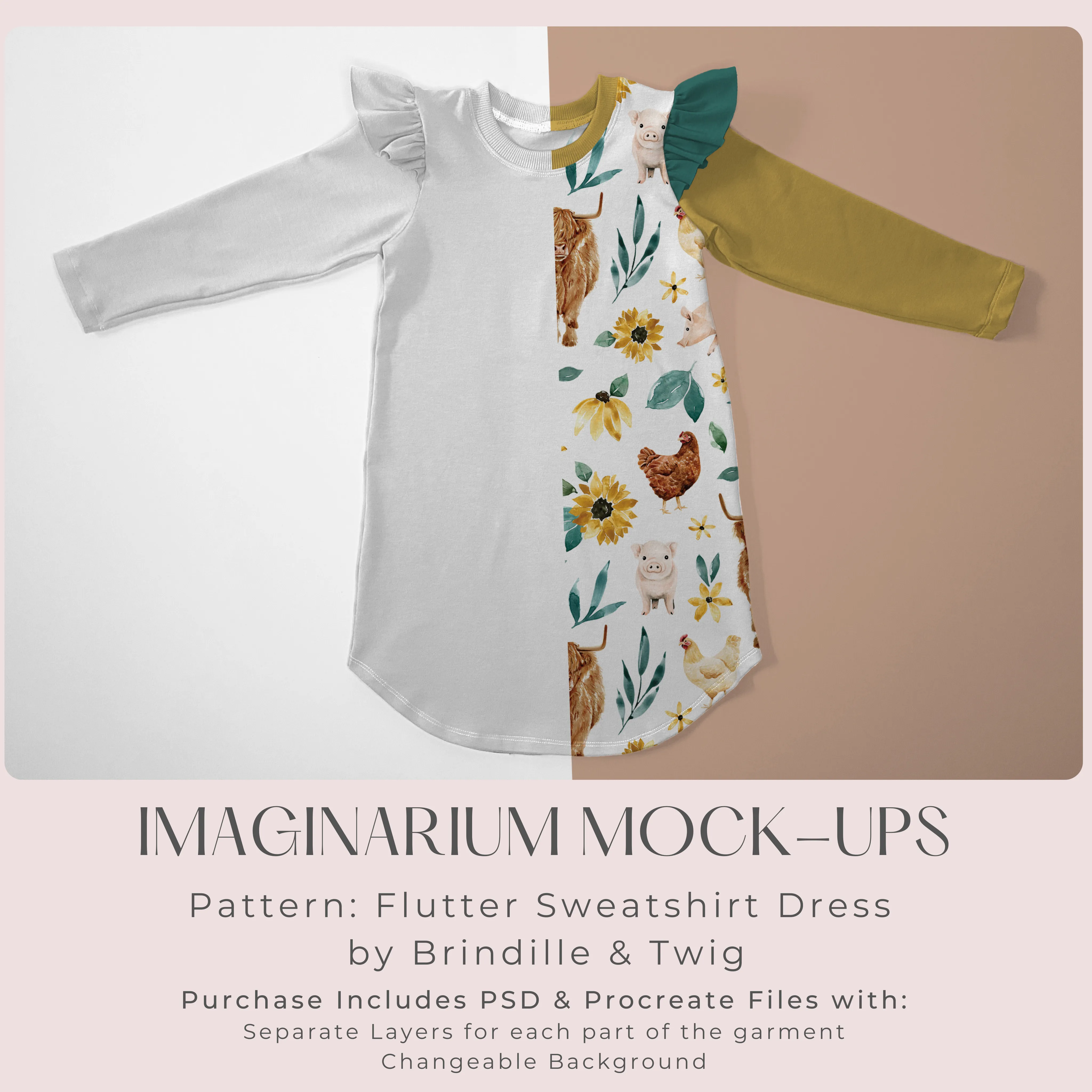 Long Sleeve Flutter Sweatshirt Dress Mockup, Realistic Clothing Mock Up for Photoshop and Procreate