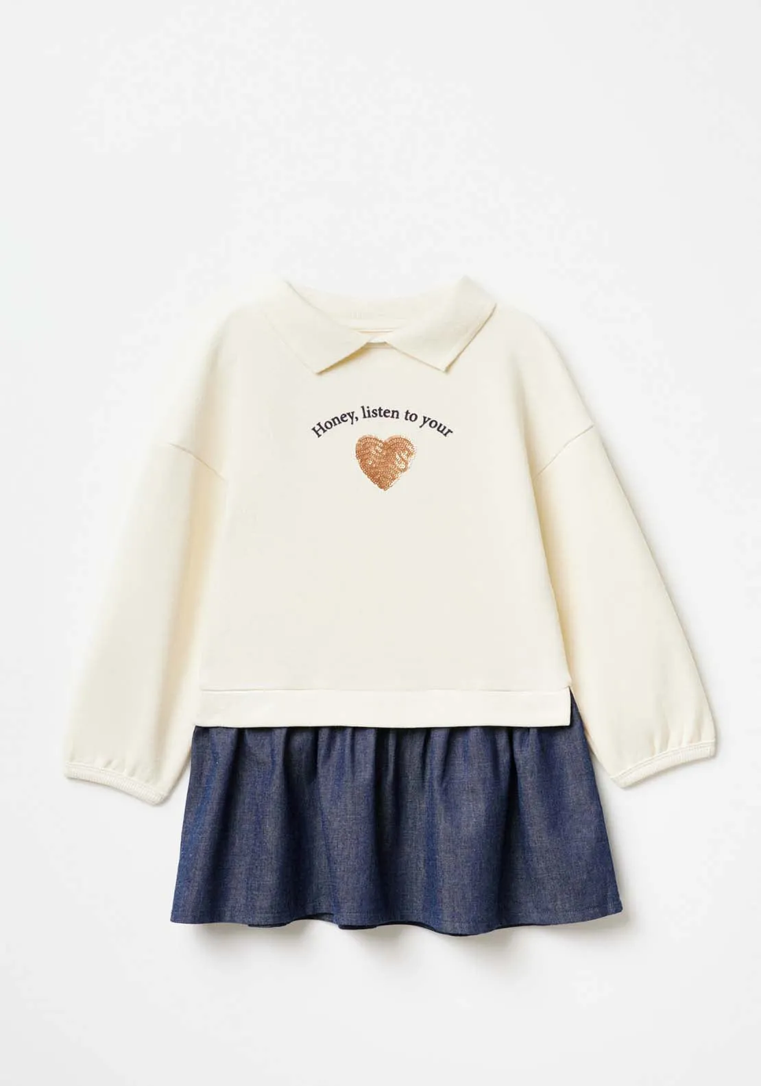 Long Sleeve Jumper Denim Dress - White