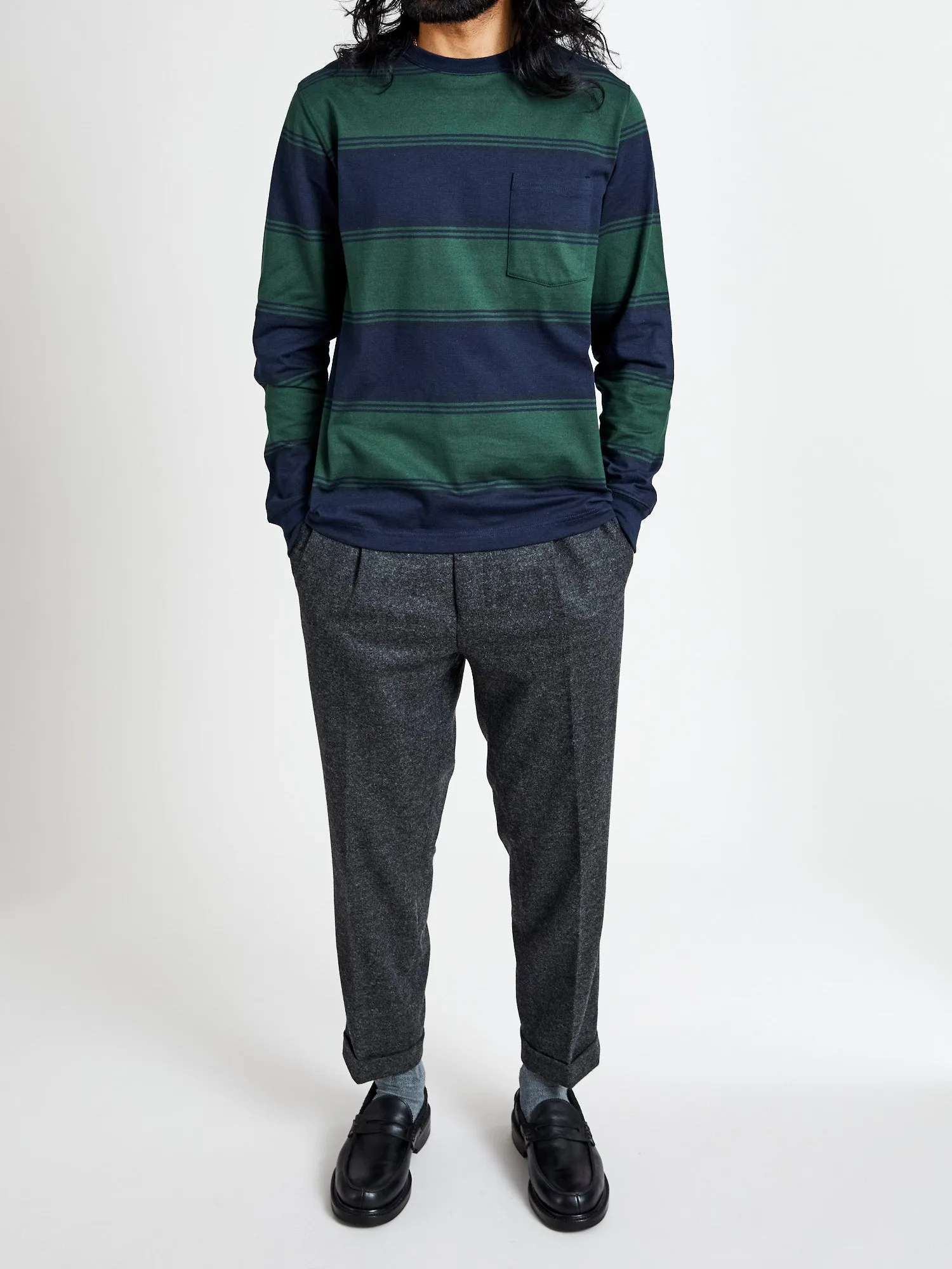 Long Sleeve Stripe Pocket T-Shirt in Navy