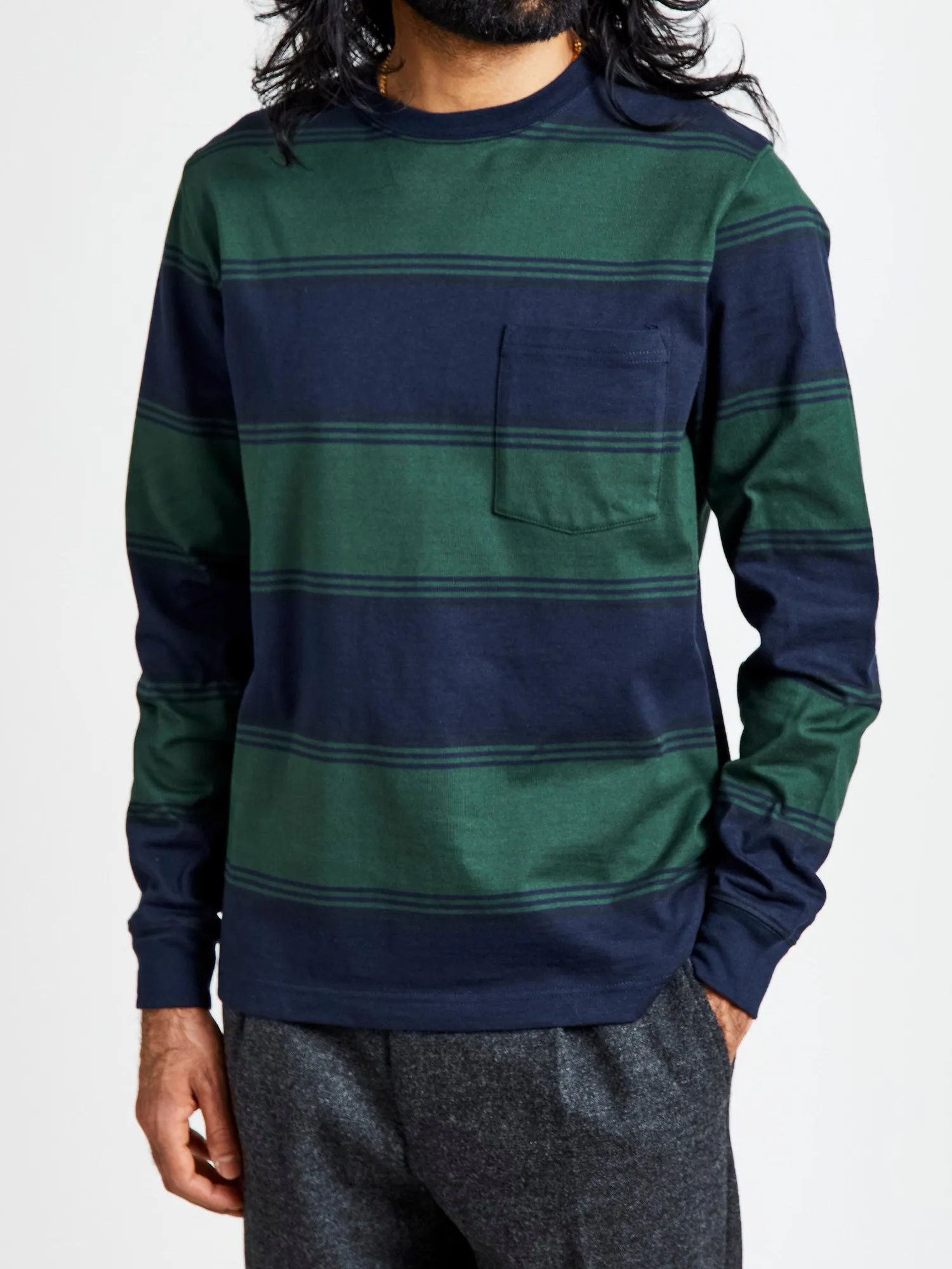 Long Sleeve Stripe Pocket T-Shirt in Navy