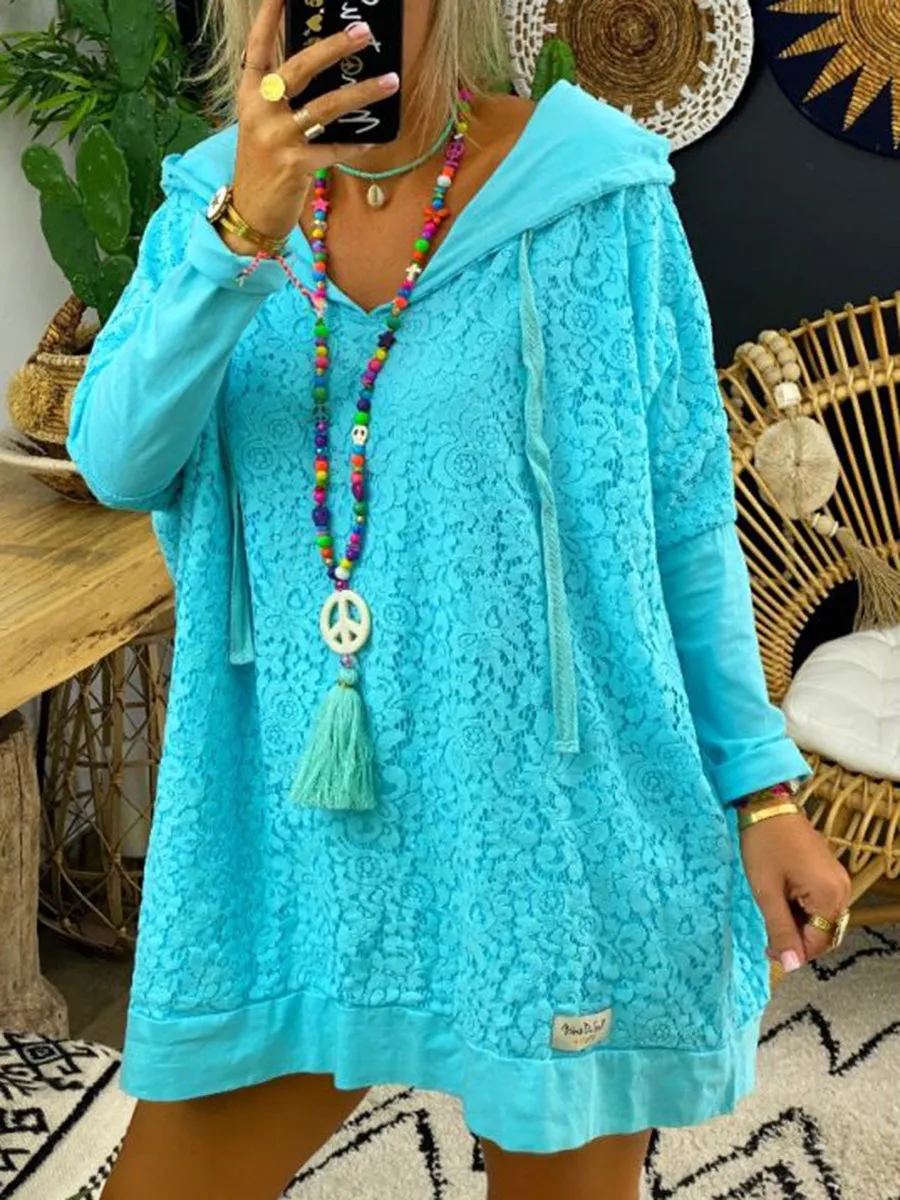 Loose Hooded Lace Thin Sweatshirt Casual Dress
