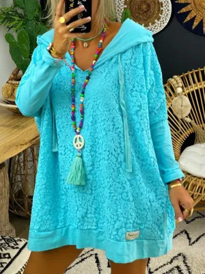 Loose Hooded Lace Thin Sweatshirt Casual Dress