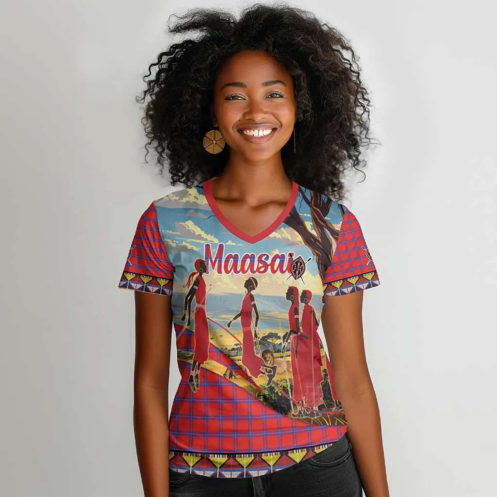 Maasai Adumu Dance Women V-Neck T-Shirt Shuka Pattern - Kenya Safari LT15