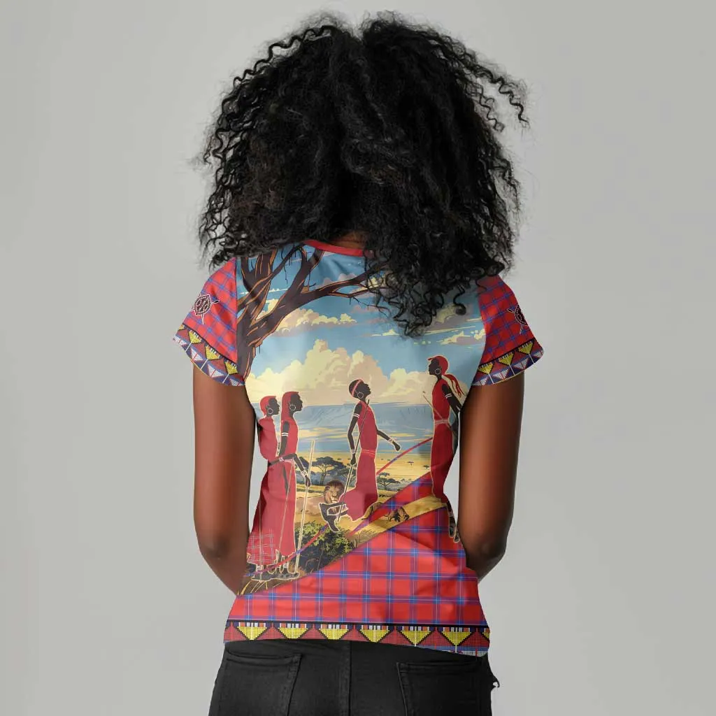 Maasai Adumu Dance Women V-Neck T-Shirt Shuka Pattern - Kenya Safari LT15