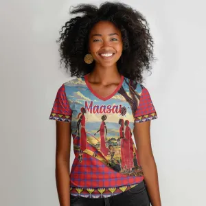 Maasai Adumu Dance Women V-Neck T-Shirt Shuka Pattern - Kenya Safari LT15