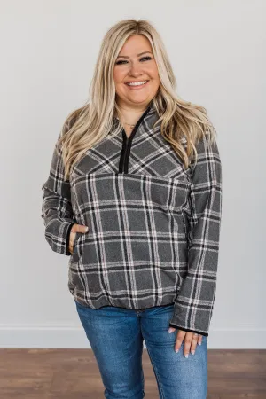 Make Them Smile Quarter Zip Flannel Jacket- Charcoal & Rust