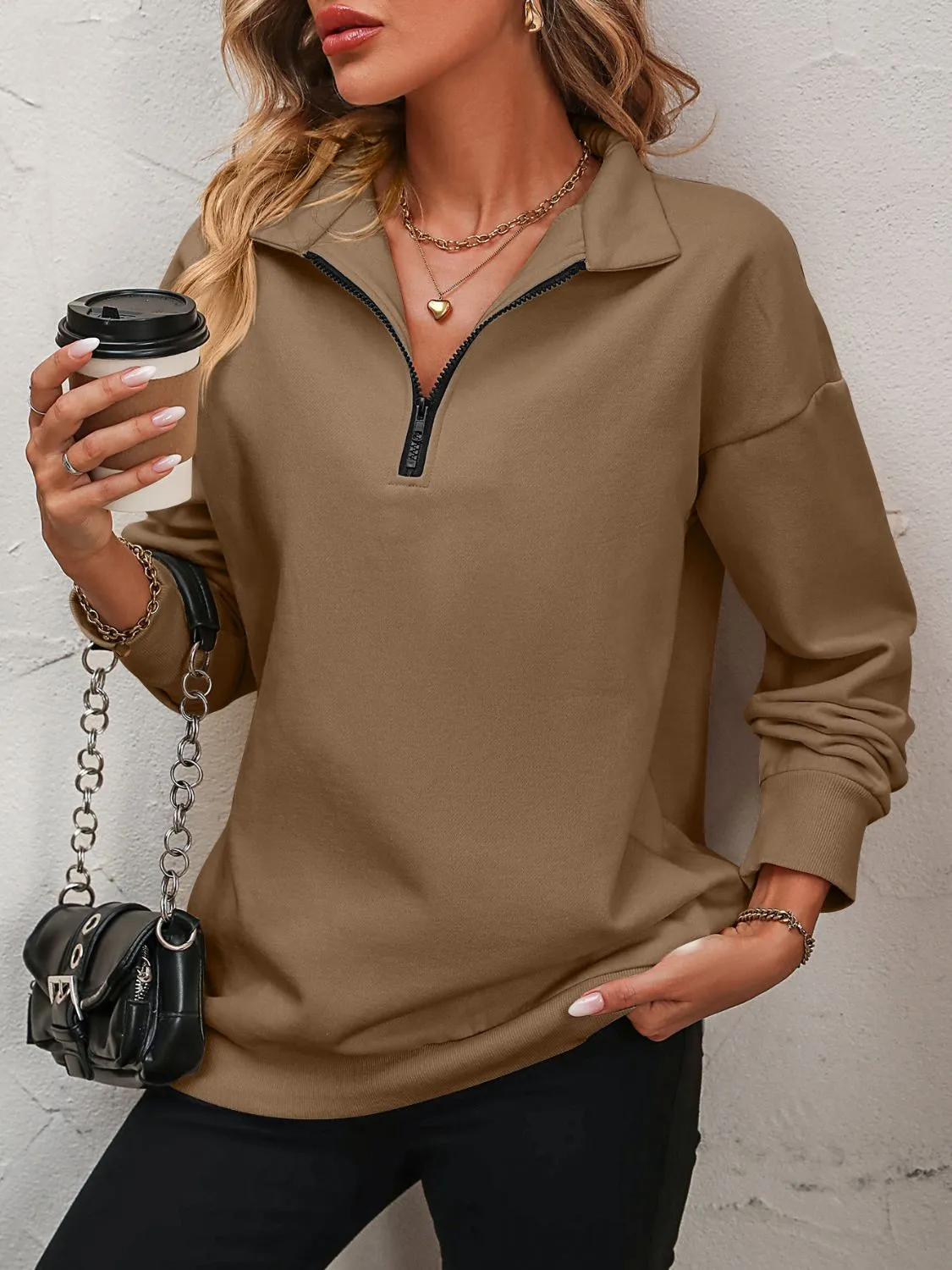 Mandy Zip-Up Dropped Shoulder Sweatshirt S-2XL