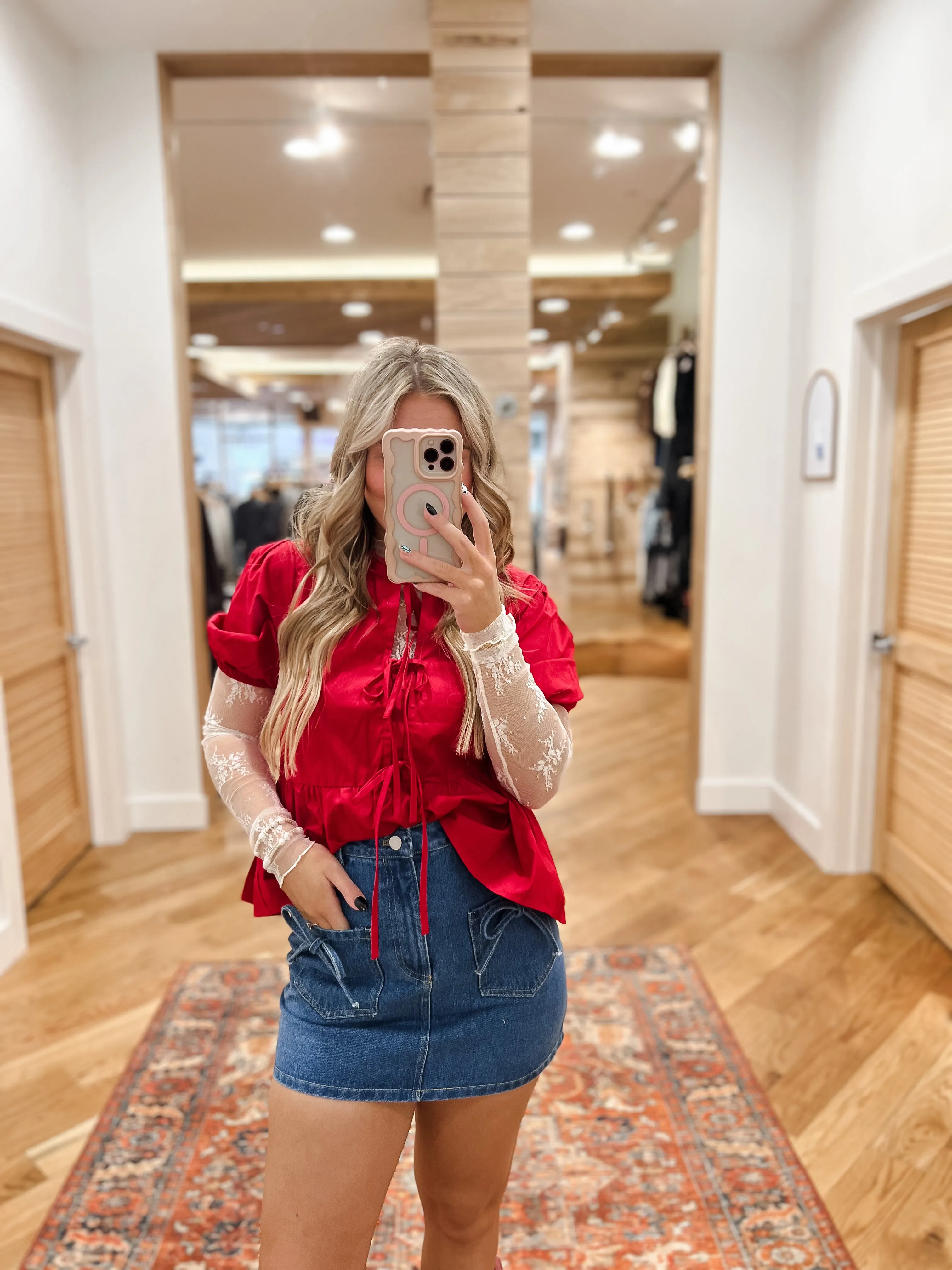 Mini Denim Skort With Front Pocket And Ribbon Bow
