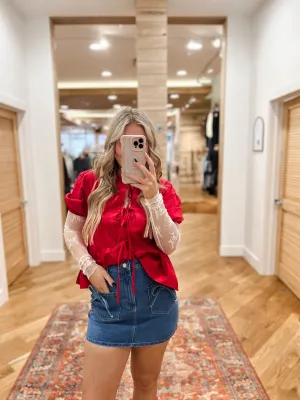 Mini Denim Skort With Front Pocket And Ribbon Bow