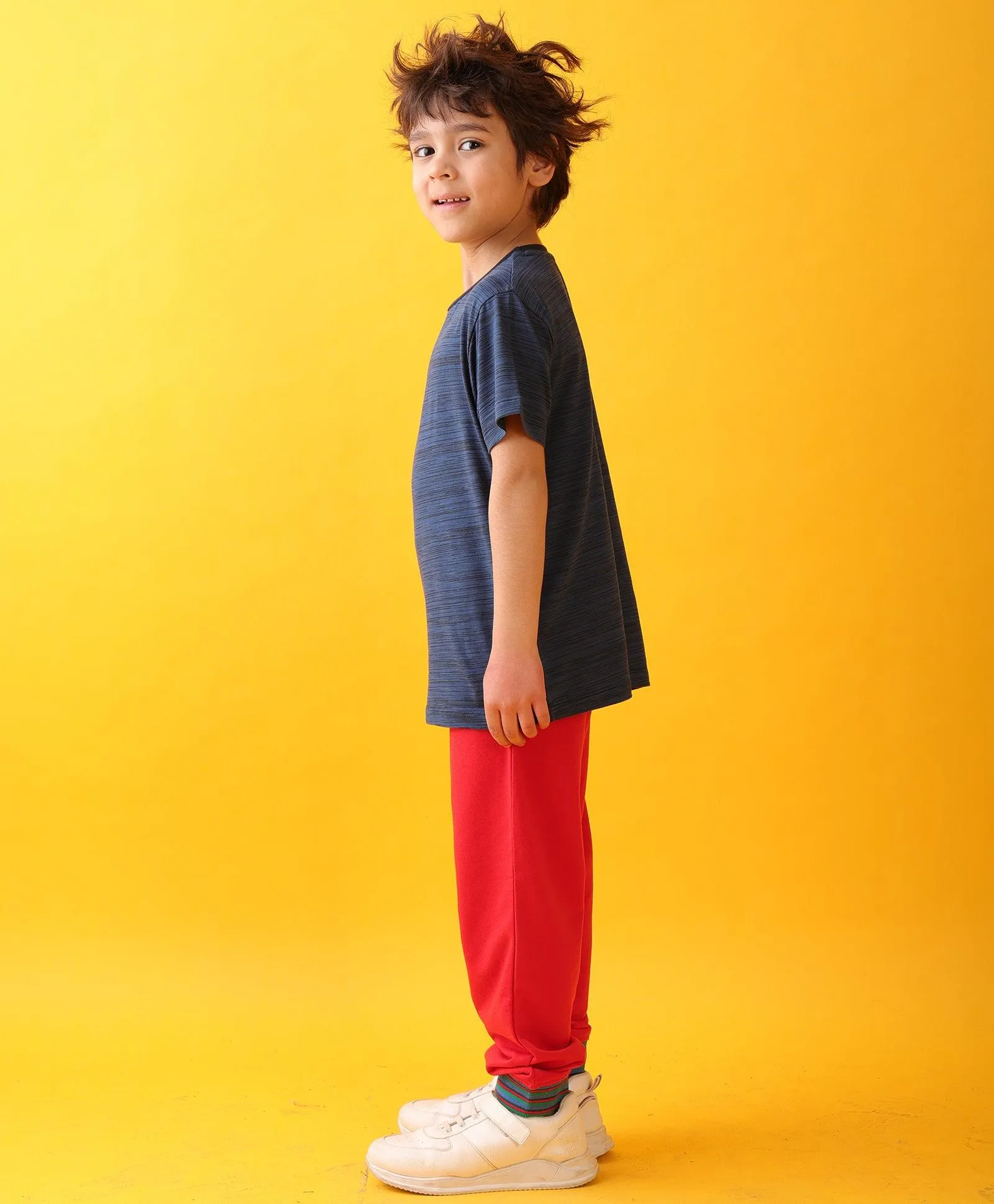 NAVY TEXTURED SUMMER RED RIB BOYS JOGGER SET - NAVY/RED