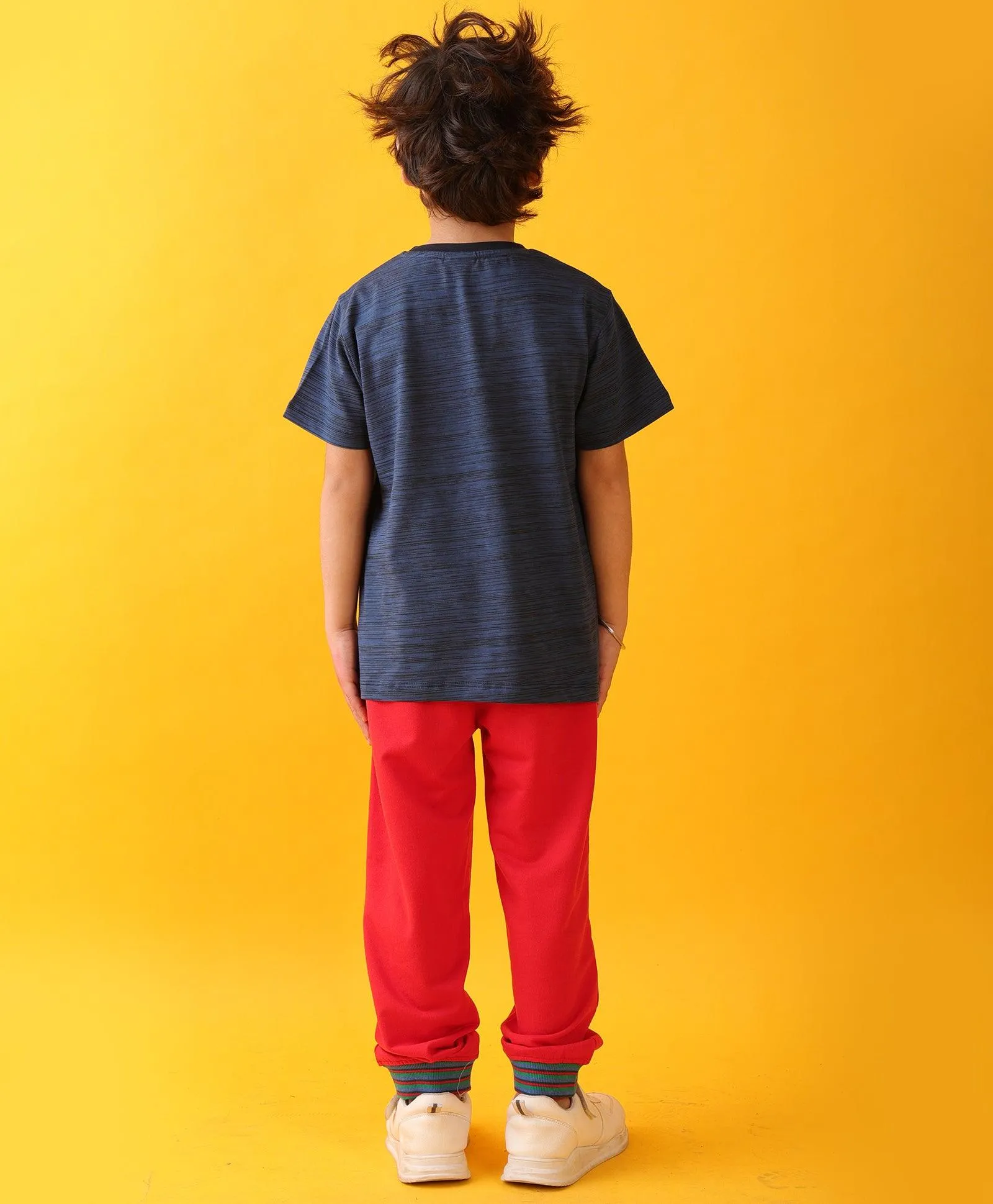 NAVY TEXTURED SUMMER RED RIB BOYS JOGGER SET - NAVY/RED