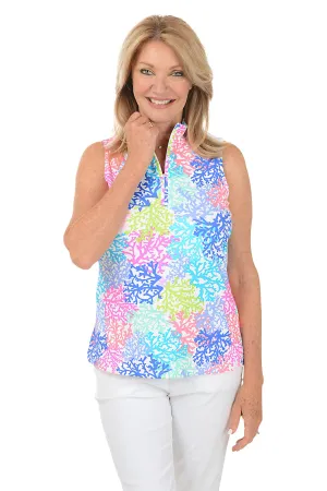 Neon Coral UPF50  Sleeveless Zip Top