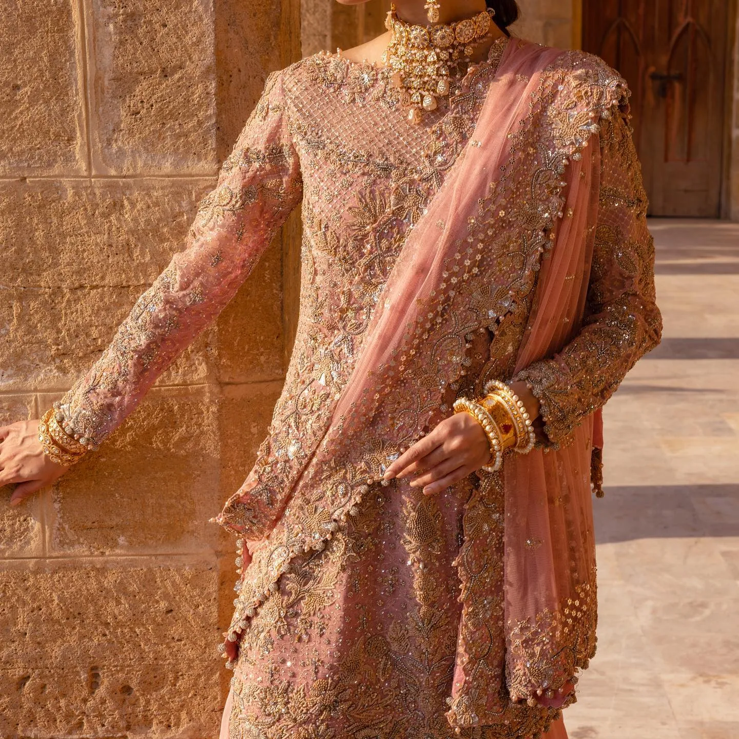 Net Pink Lehenga Shirt for Pakistani Bridal Dresses