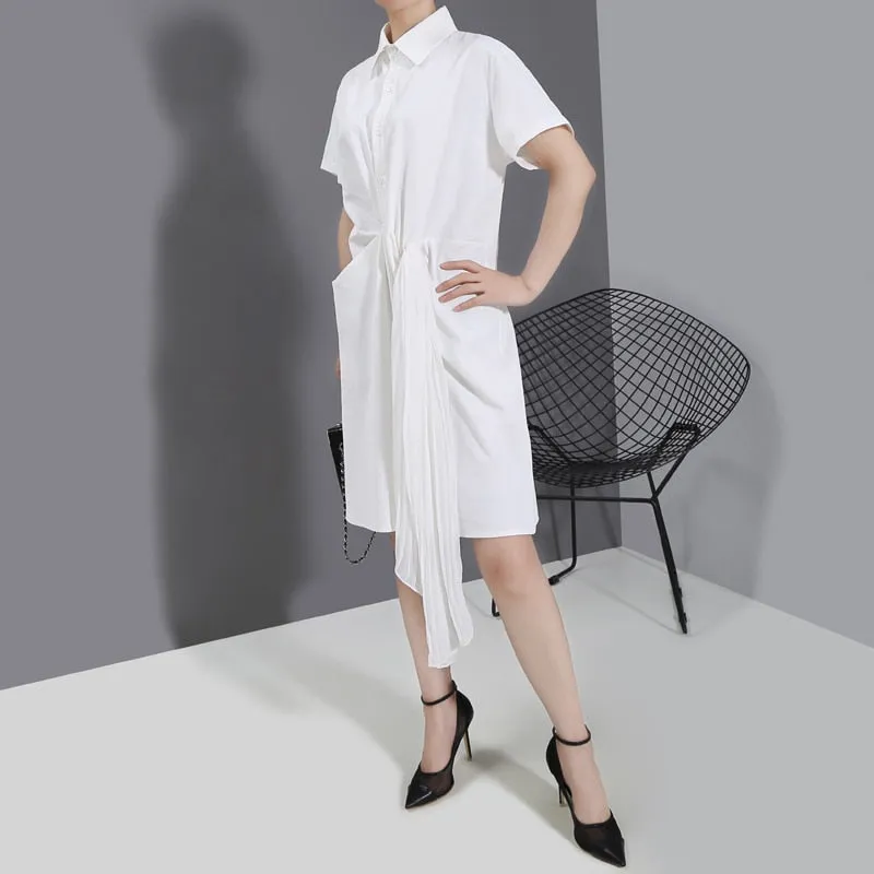 New 2020 Solid White Black Woman Summer Midi Shirt Dress Pleated Tape Office Lady Elegant Dress Style Wholesale Robe Femme 5913