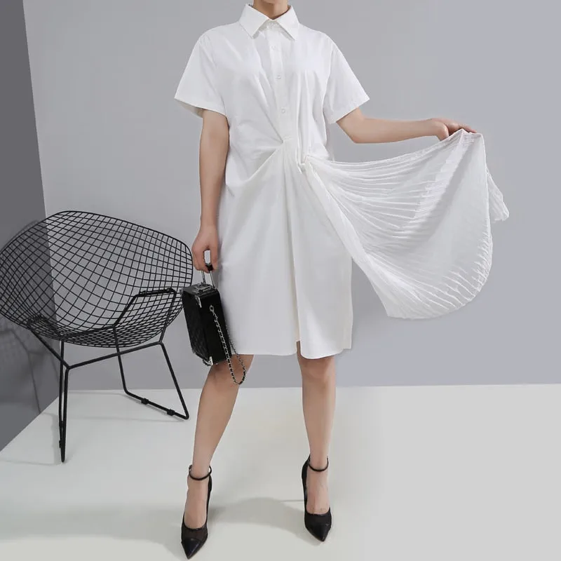 New 2020 Solid White Black Woman Summer Midi Shirt Dress Pleated Tape Office Lady Elegant Dress Style Wholesale Robe Femme 5913