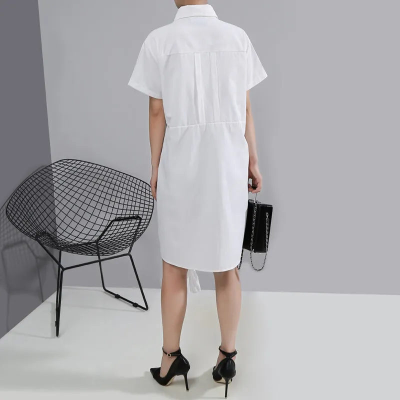 New 2020 Solid White Black Woman Summer Midi Shirt Dress Pleated Tape Office Lady Elegant Dress Style Wholesale Robe Femme 5913