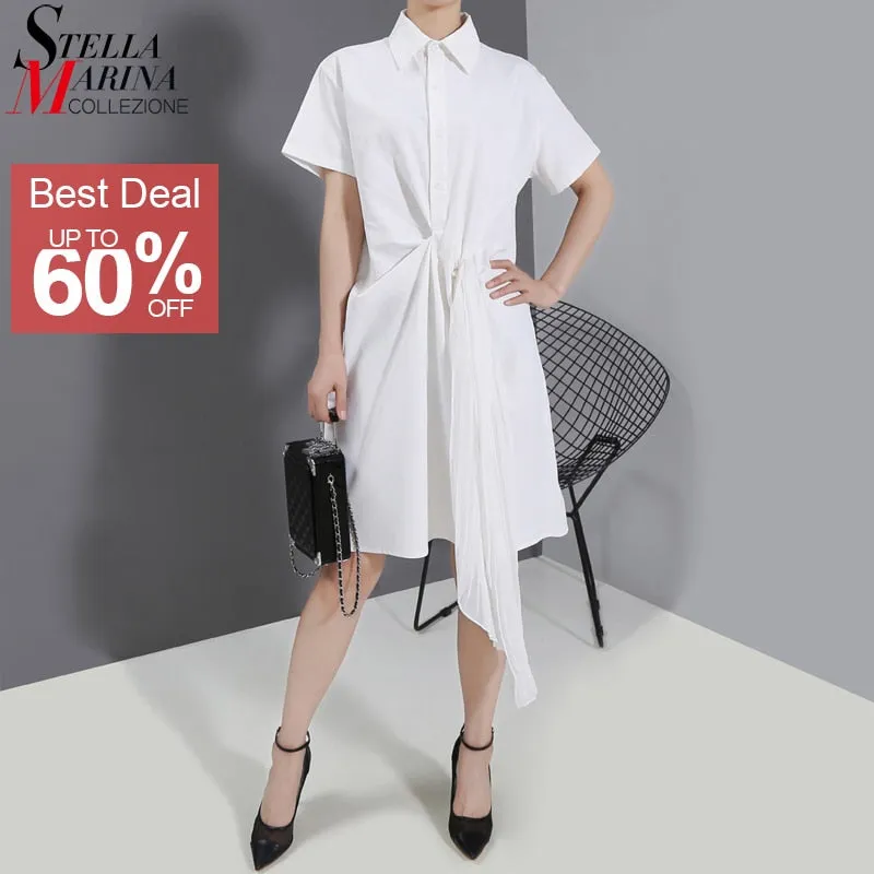 New 2020 Solid White Black Woman Summer Midi Shirt Dress Pleated Tape Office Lady Elegant Dress Style Wholesale Robe Femme 5913