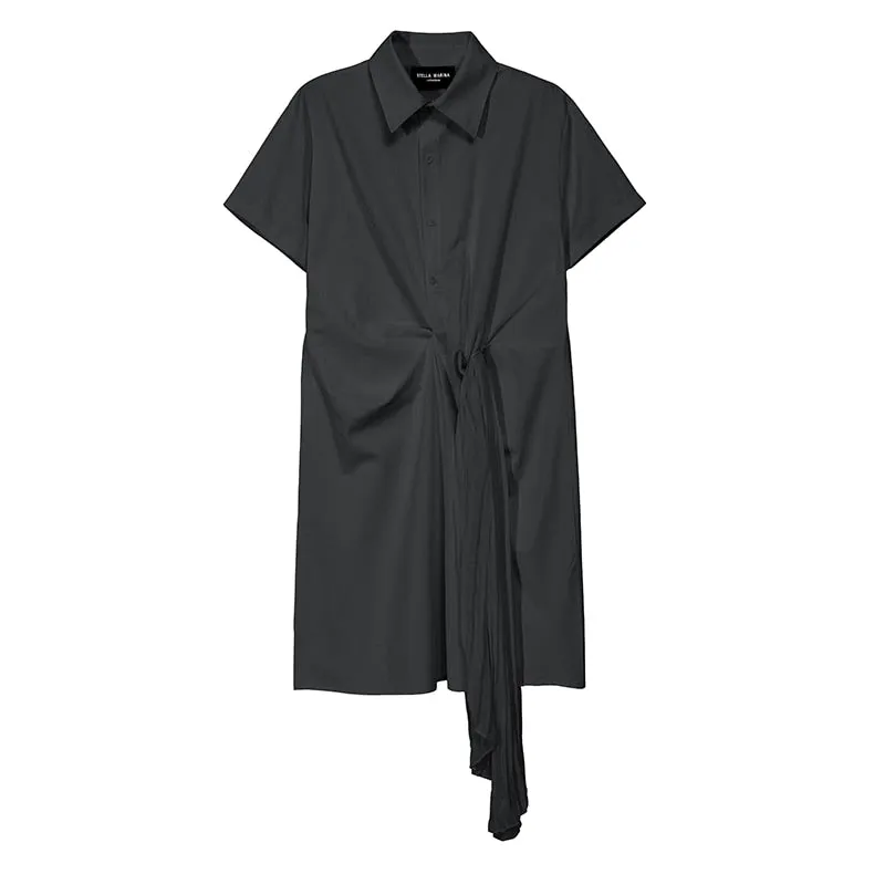 New 2020 Solid White Black Woman Summer Midi Shirt Dress Pleated Tape Office Lady Elegant Dress Style Wholesale Robe Femme 5913