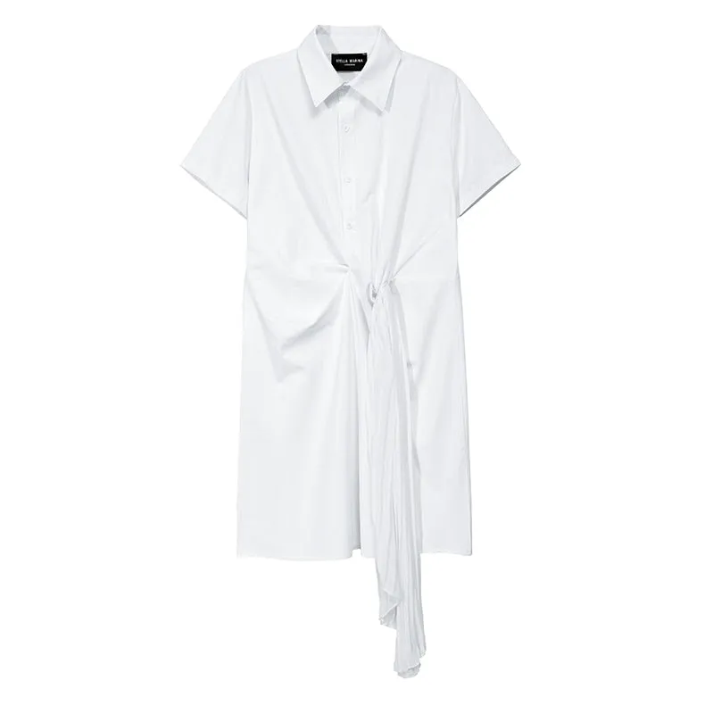 New 2020 Solid White Black Woman Summer Midi Shirt Dress Pleated Tape Office Lady Elegant Dress Style Wholesale Robe Femme 5913