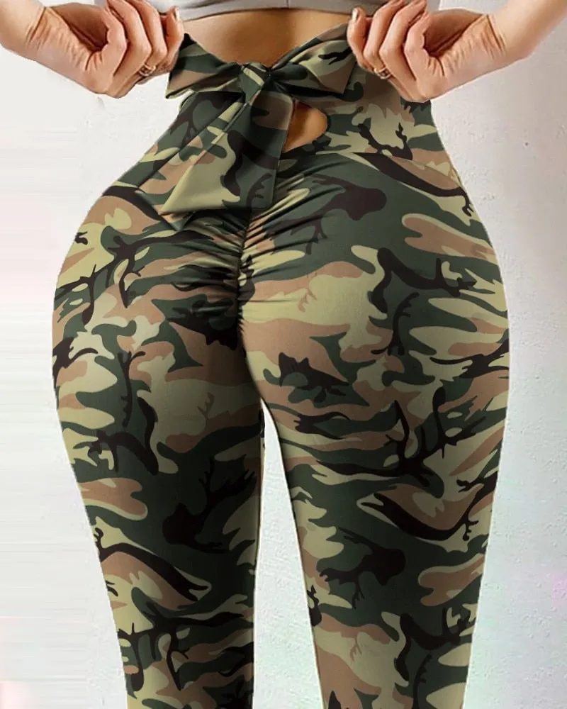 New High Waist SlimYoga Pants Women Fitness High Elasticity Sweat-Absorbent  Leopard Printing Bow Knot Rope Pant Leggings