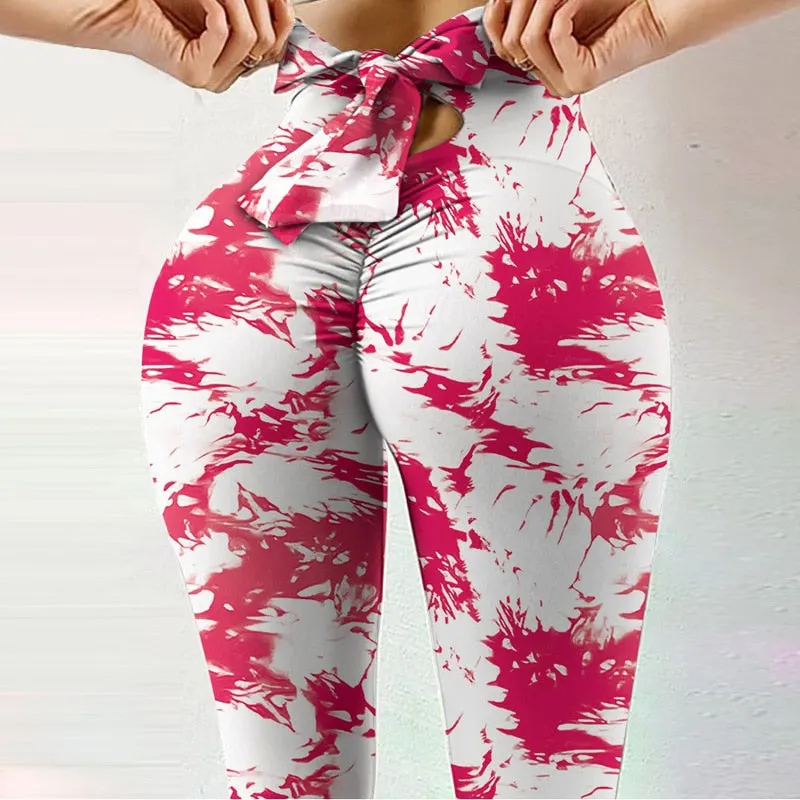 New High Waist SlimYoga Pants Women Fitness High Elasticity Sweat-Absorbent  Leopard Printing Bow Knot Rope Pant Leggings