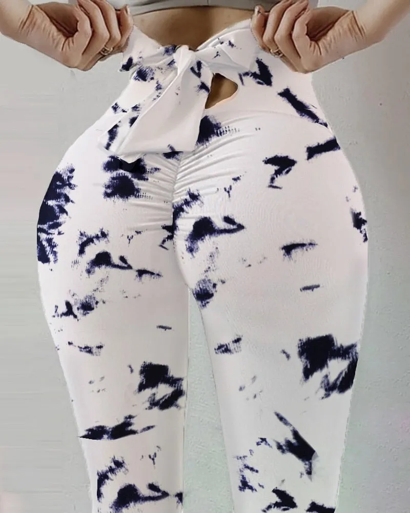 New High Waist SlimYoga Pants Women Fitness High Elasticity Sweat-Absorbent  Leopard Printing Bow Knot Rope Pant Leggings