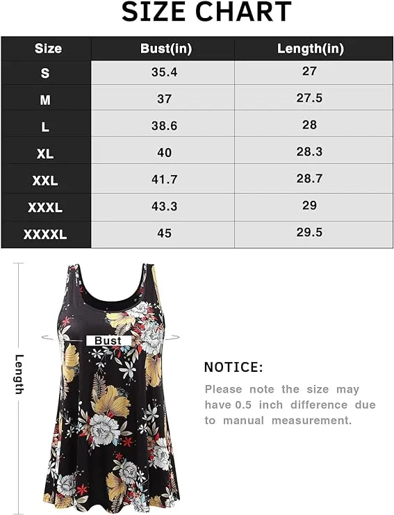 NEW ROSYLINE Women’s Tank Tops with Built in Shelf Bra Casual Flowy Swing Tank for Women Sleeveless, Black Floral, Sz XL