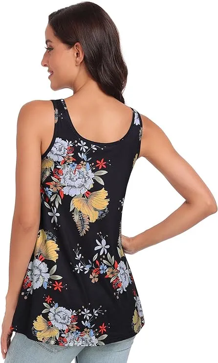 NEW ROSYLINE Women’s Tank Tops with Built in Shelf Bra Casual Flowy Swing Tank for Women Sleeveless, Black Floral, Sz XL