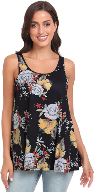 NEW ROSYLINE Women’s Tank Tops with Built in Shelf Bra Casual Flowy Swing Tank for Women Sleeveless, Black Floral, Sz XL