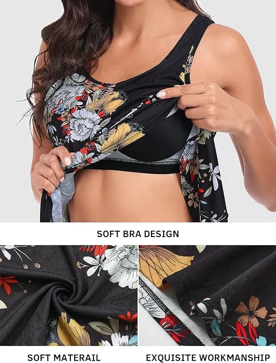 NEW ROSYLINE Women’s Tank Tops with Built in Shelf Bra Casual Flowy Swing Tank for Women Sleeveless, Black Floral, Sz XL