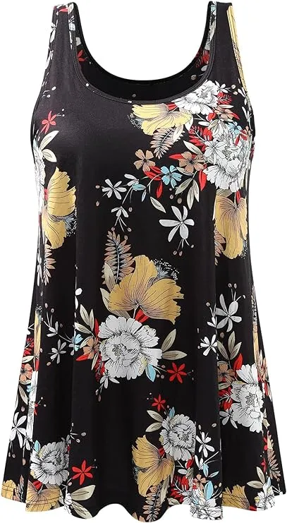NEW ROSYLINE Women’s Tank Tops with Built in Shelf Bra Casual Flowy Swing Tank for Women Sleeveless, Black Floral, Sz XL