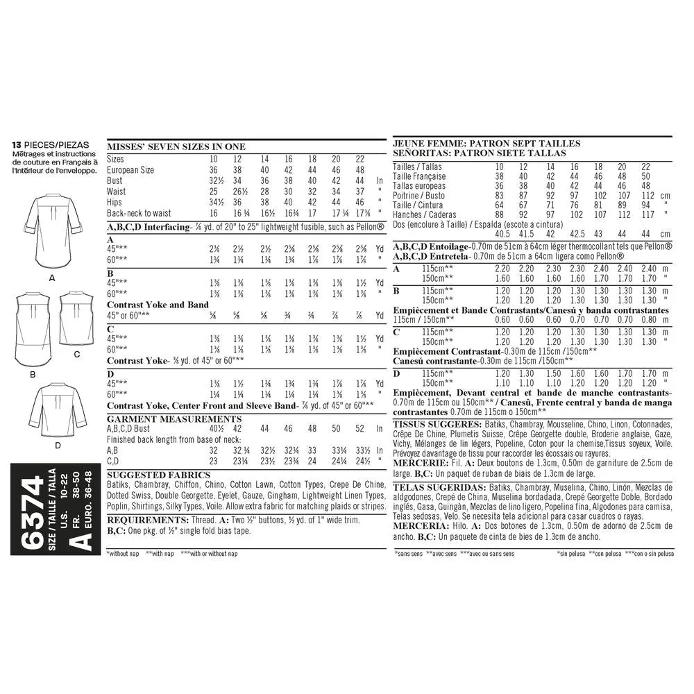 Newlook Pattern 6374 Misses' Shirts with Sleeve and Length Options