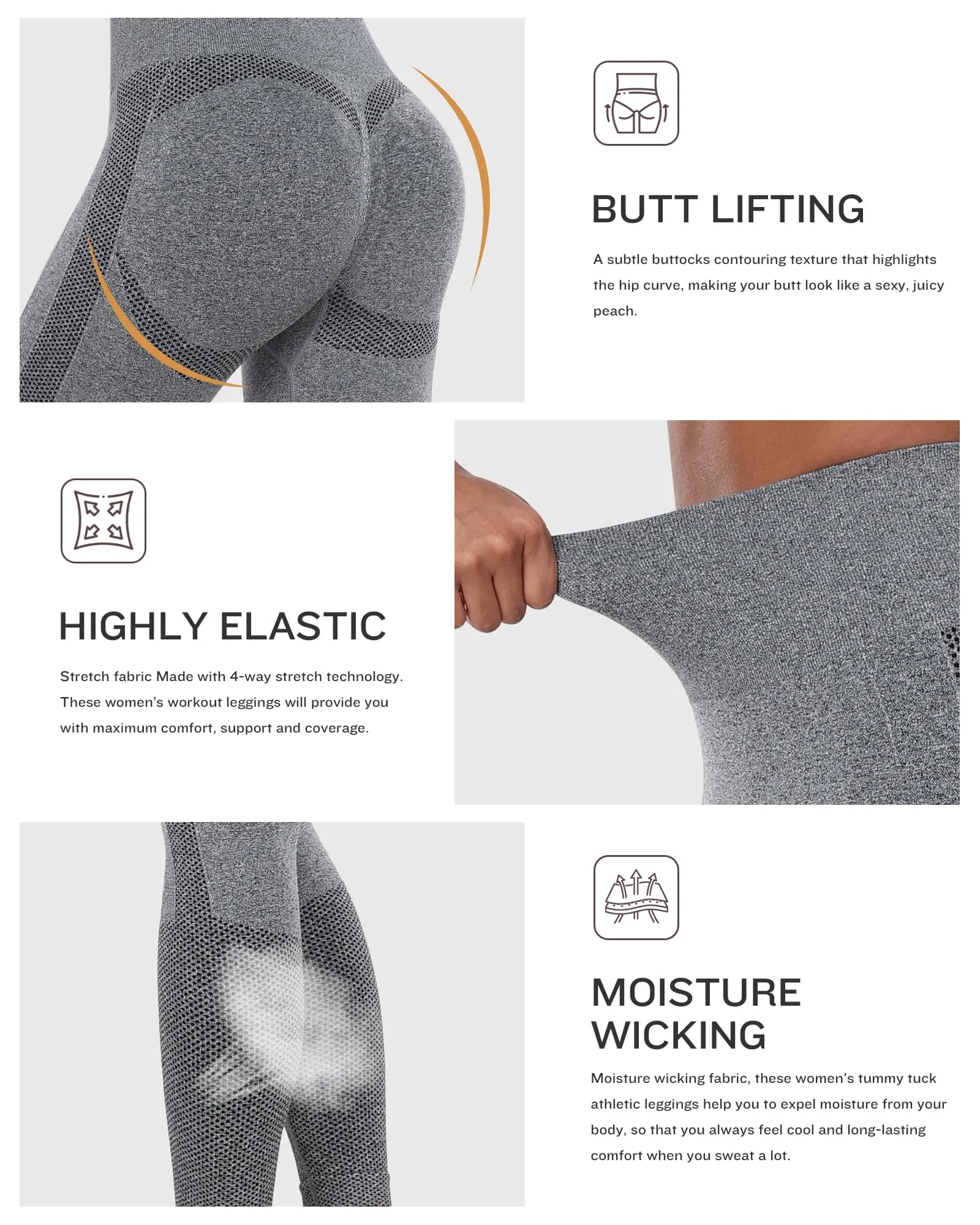NORMOV Seamless Workout Butt Lifting Leggings - Booty Scrunch Gym Leggings for Women(AB Grey,S)