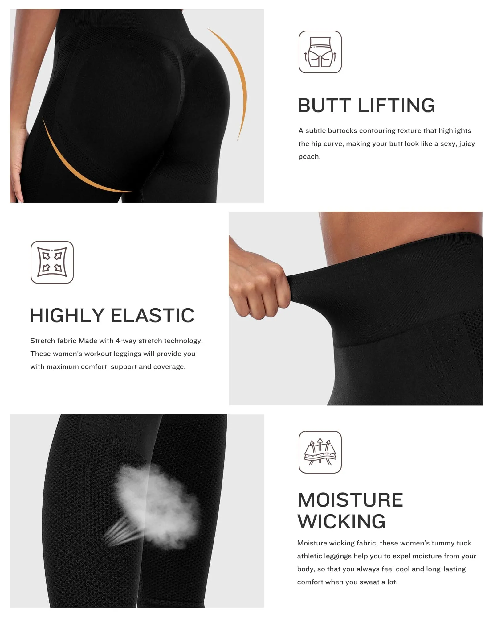 NORMOV Seamless Workout Butt Lifting Leggings - Booty Scrunch Gym Leggings for Women(Black,S)