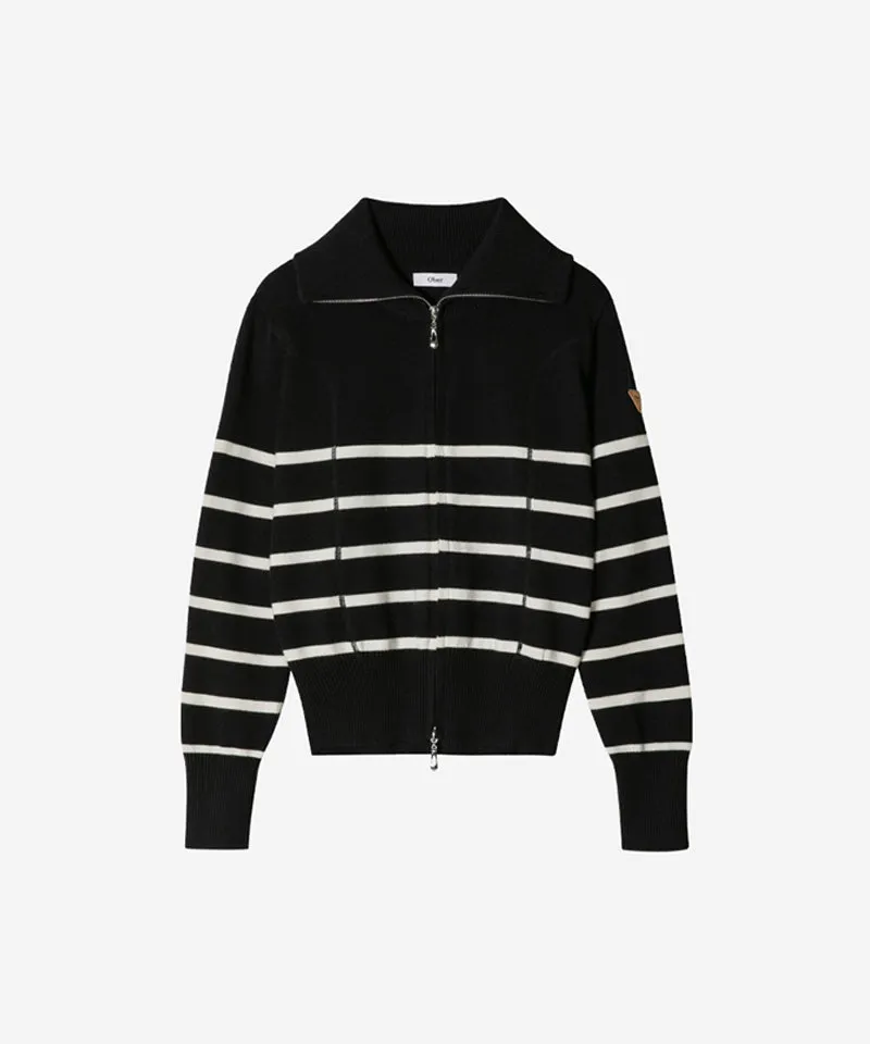 OBER Golf Striped Knit Zip-Up Cardigan - Black