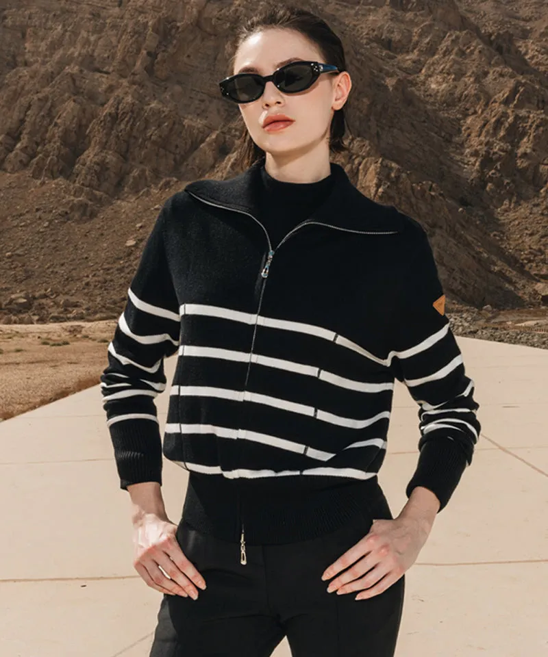 OBER Golf Striped Knit Zip-Up Cardigan - Black
