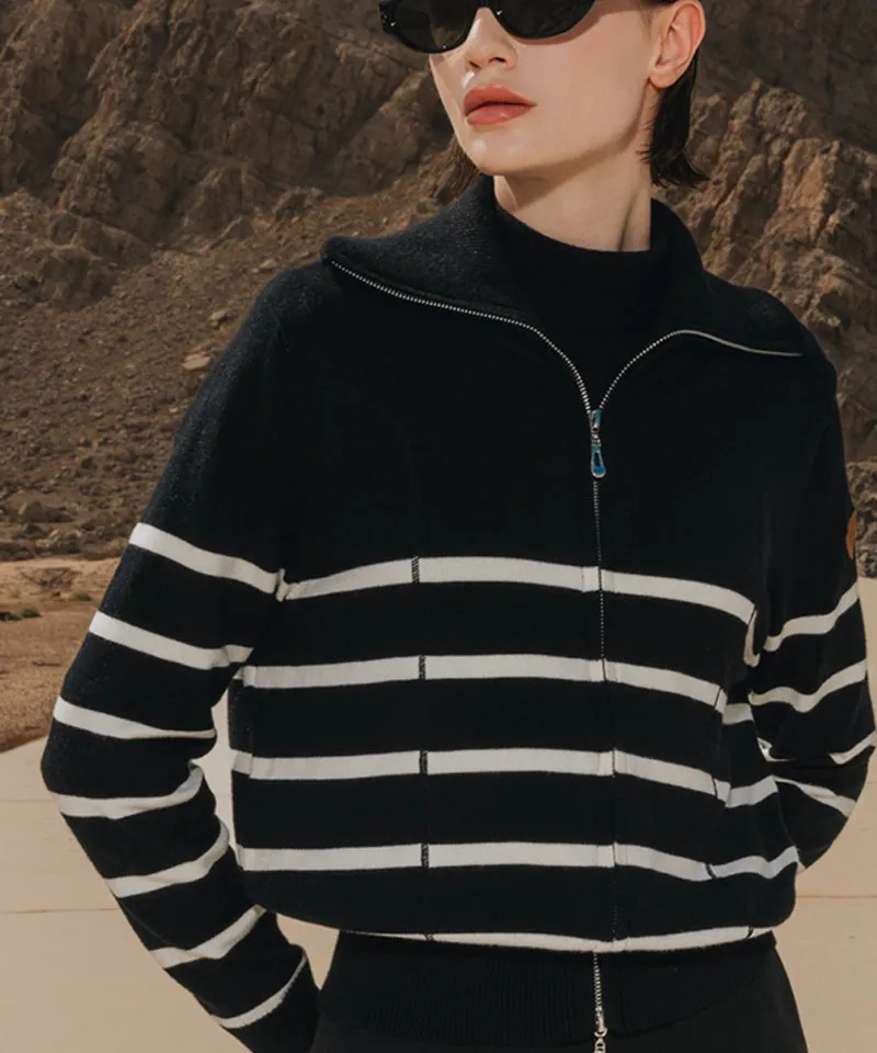 OBER Golf Striped Knit Zip-Up Cardigan - Black