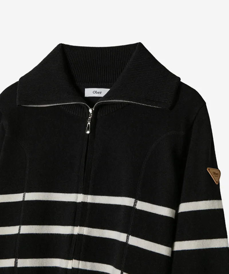 OBER Golf Striped Knit Zip-Up Cardigan - Black