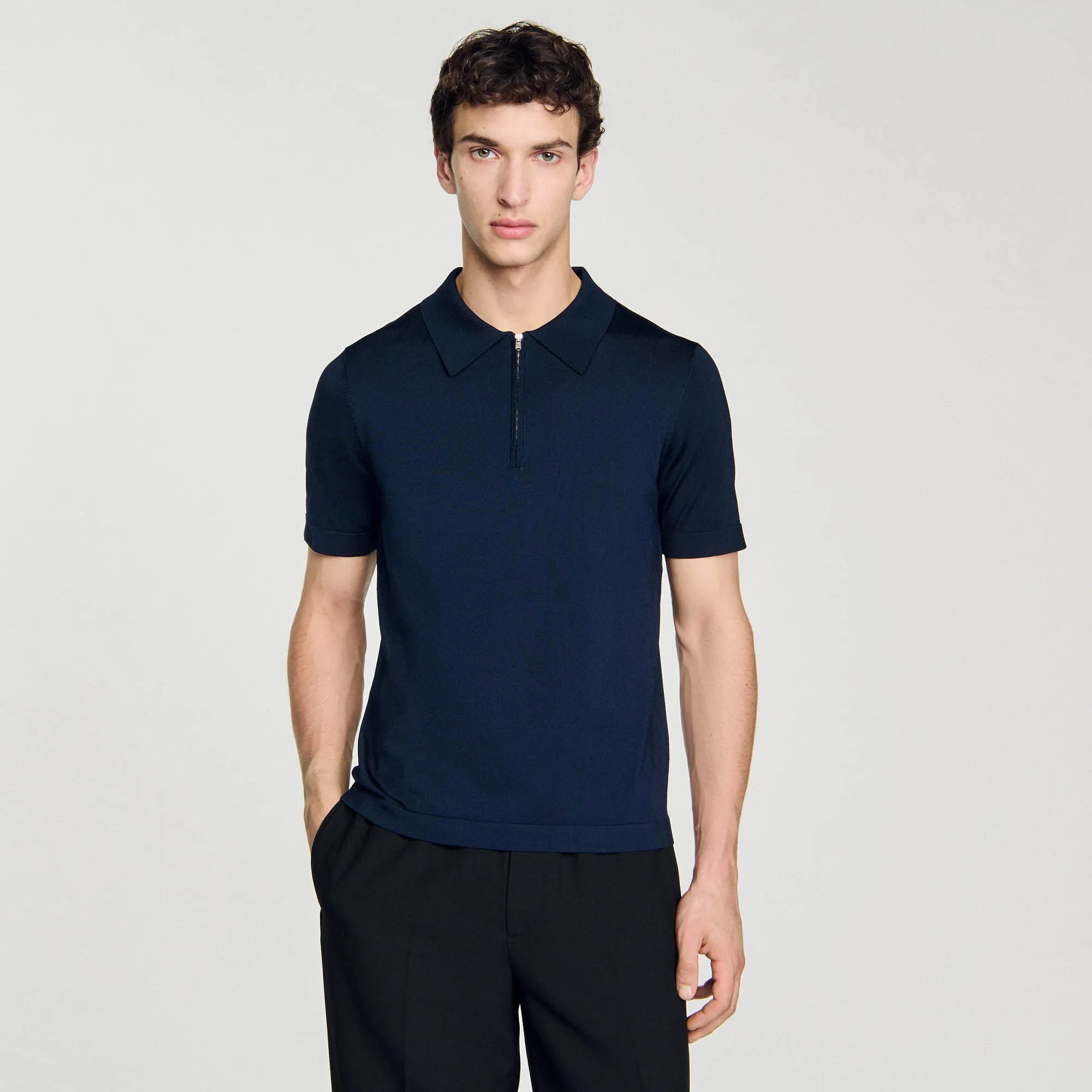 Pablo Zip Knitted Polo Shirt Navy Blue
