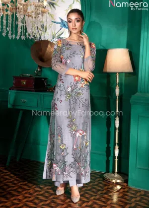 Pakistani Wedding Long Shirt Dress in Grey Online #WN20