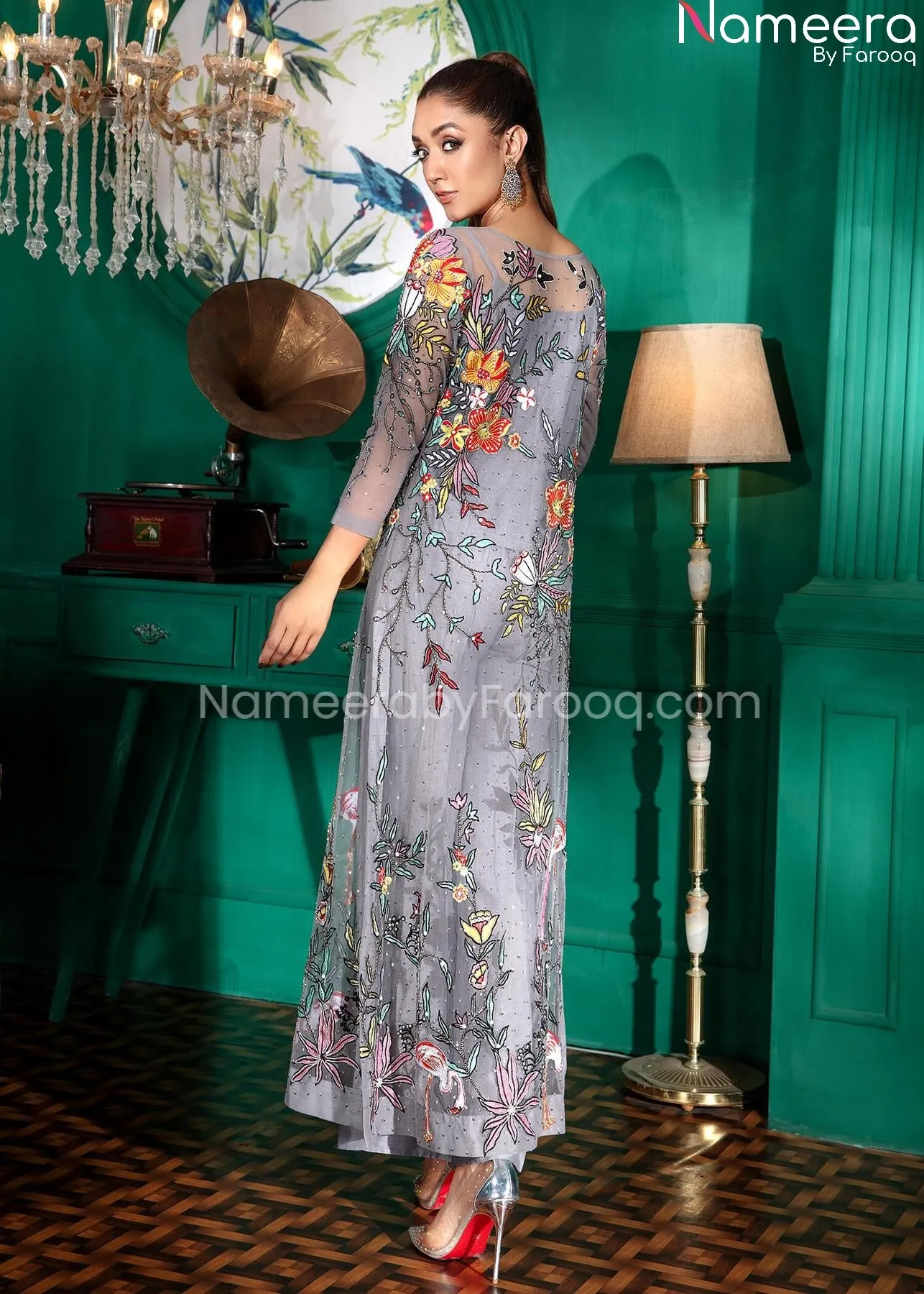 Pakistani Wedding Long Shirt Dress in Grey Online #WN20
