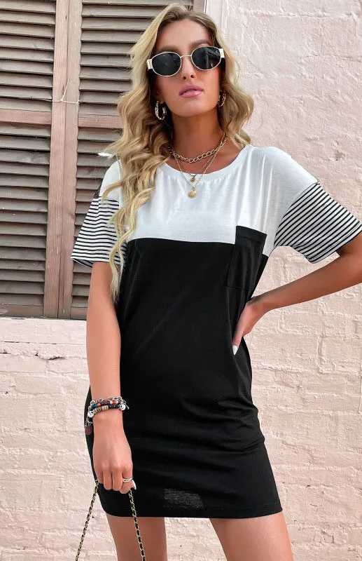 Patchwork T-Shirt Dress with Striped Sleeves and Round Neck