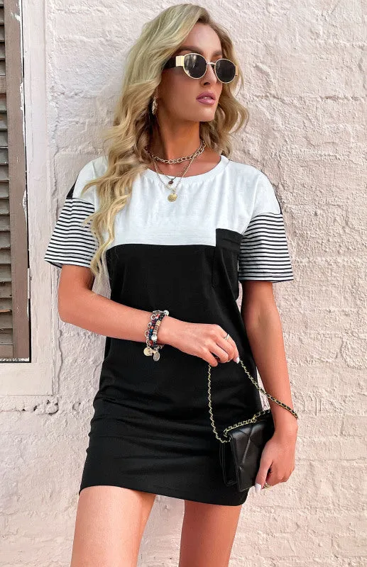 Patchwork T-Shirt Dress with Striped Sleeves and Round Neck