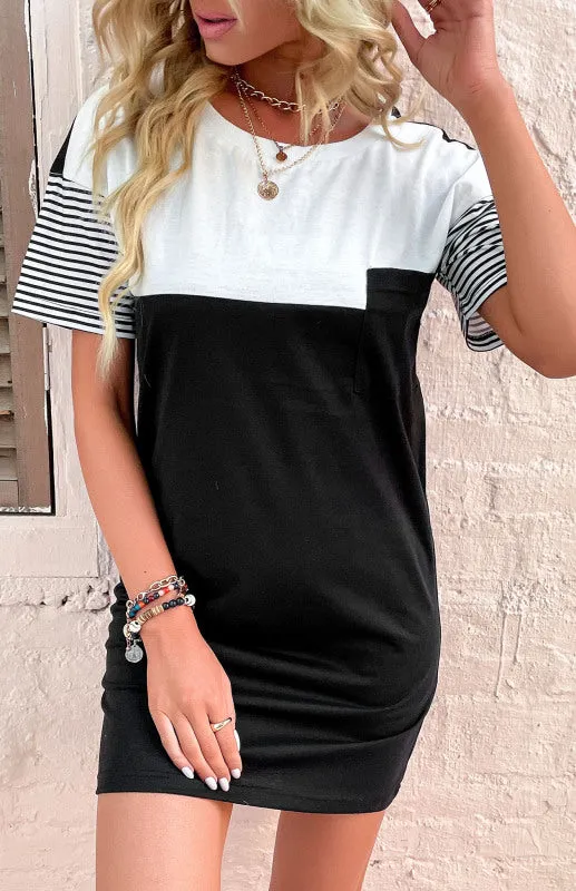 Patchwork T-Shirt Dress with Striped Sleeves and Round Neck