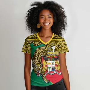 Personalised Benin National Day Women V-Neck T-Shirt Coat Of Arms With Leopard African Pattern LT14