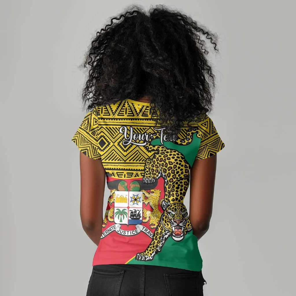 Personalised Benin National Day Women V-Neck T-Shirt Coat Of Arms With Leopard African Pattern LT14