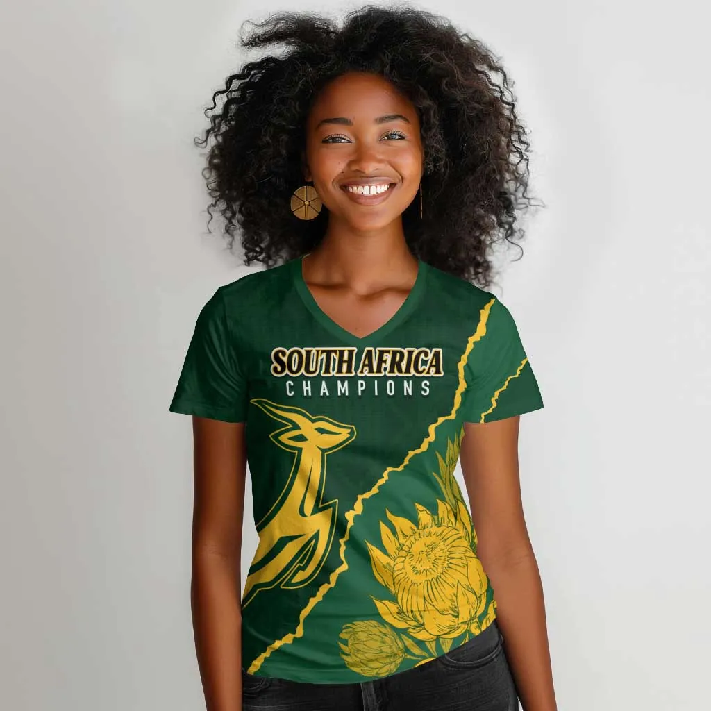 Personalised South Africa Rugby 2023 Women V-Neck T-Shirt Bokke Champions Kente Ethnic LT7