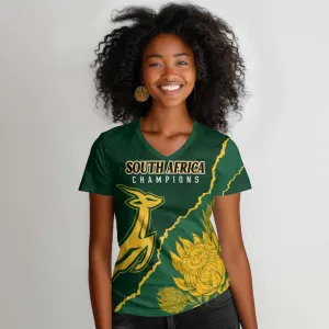 Personalised South Africa Rugby 2023 Women V-Neck T-Shirt Bokke Champions Kente Ethnic LT7