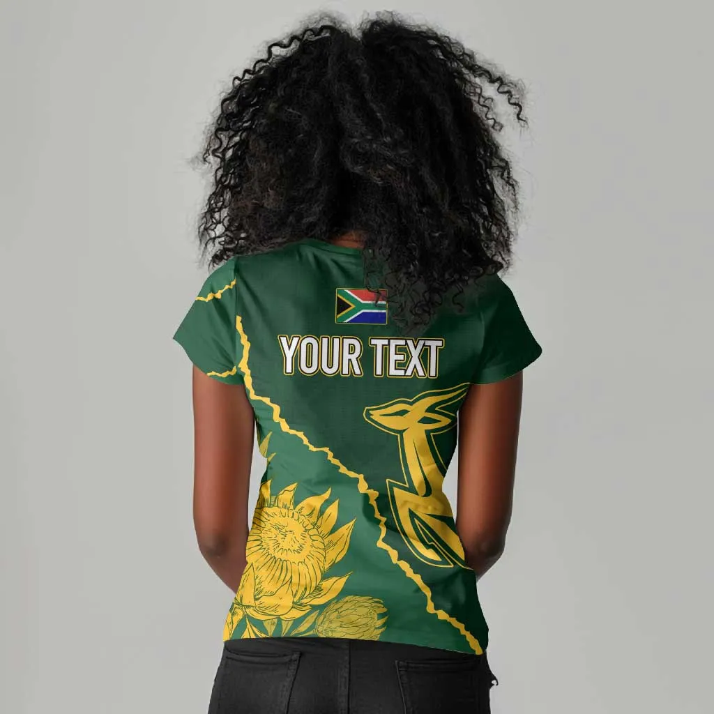 Personalised South Africa Rugby 2023 Women V-Neck T-Shirt Bokke Champions Kente Ethnic LT7